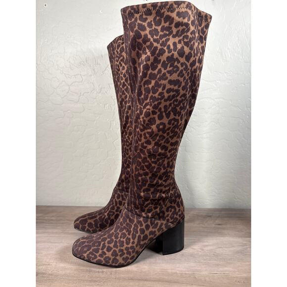 New Franco Sarto Tribute Knee High Tall Heeled Boot Leopard Print Brown Black 8M - Picture 1 of 7
